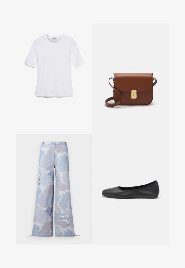 White short-sleeve t-shirt made of ribbed fabric. Round neckline, regular fit, and subtle stitching details. No patterns or graphics.; Wide-leg cargo pants in a light blue and gray cloud pattern, featuring a side pocket and adjustable drawstring at the hem.; Black leather ballet flat with a rounded toe, smooth texture, minimal stitching detail, and a flexible sole design.; Brown leather handbag with a flap closure, gold-tone hardware, a shoulder strap, and a smooth texture. Compact rectangular shape.