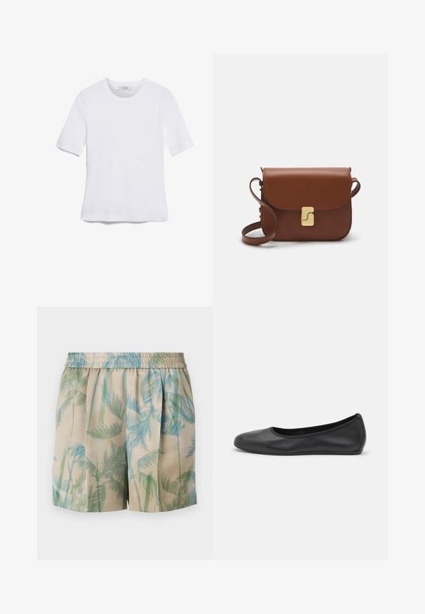 Hvid kortærmet t-shirt lavet af ribbet stof. Rund halsudskæring, almindelig pasform og subtile syninger. Ingen mønstre eller grafik.; Shorts i let stof med en beige baggrund og blå og grønne palmebladmønstre, elastisk talje og plisseret design.; Sort læderballetsko med rund tå, glat tekstur, minimal syning og et fleksibelt såldesign.; Brun læder håndtaske med flaplukning, hardware i gyldent tone, en skulderrem og en glat overflade. Kompakt rektangulær form.