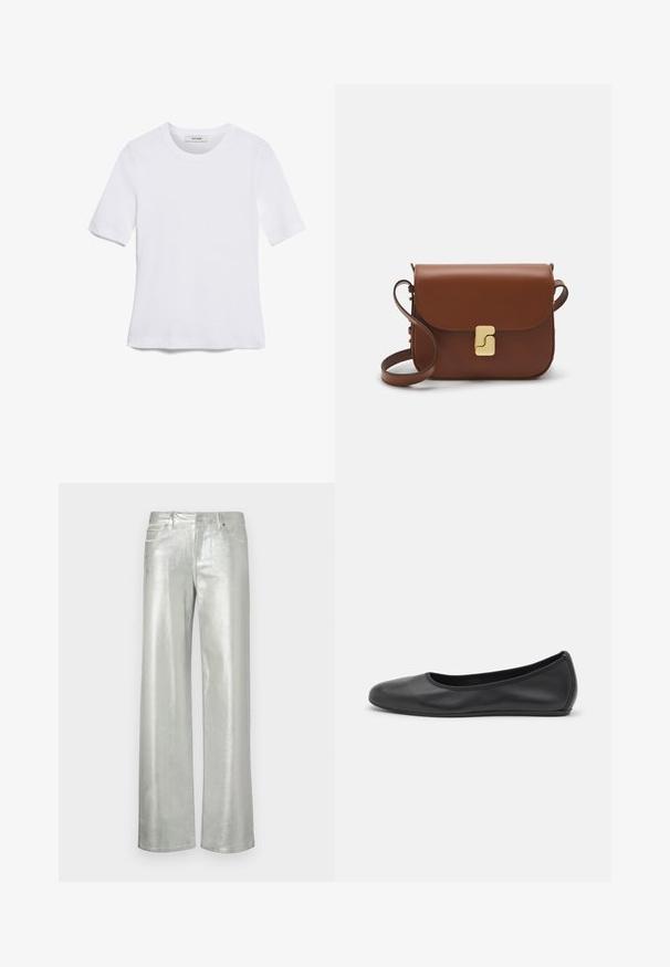 Bela kratka majica s kratkimi rokavi iz rebrastega materiala. Okrogla ovratnica, običajen kroj in subtilni šivi. Brez vzorcev ali grafik.; Srebrne hlače širokega kroja iz metalnega blaga. Imajo dve sprednji žep in zadrgo. Gladka tekstura in sijoč zaključek.; Črne usnjene balerinke z zaobljenim nosom, gladko teksturo, minimalnimi šivi in fleksibilno zasnovo podplata.; Rjava usnjena torbica s poklopcem, zlato obarvani okovi, naramnica in gladka tekstura. Kompaktna pravokotna oblika.
