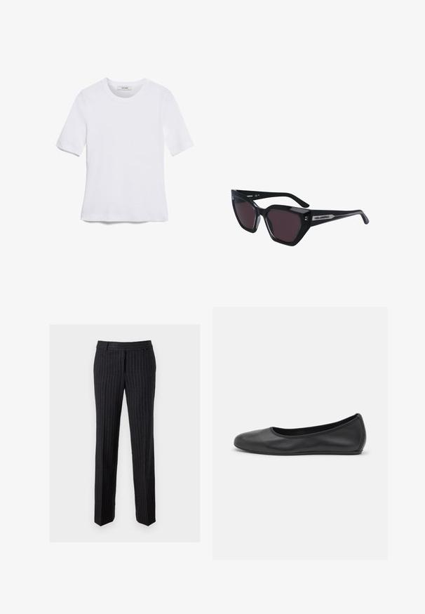 Weißes kurzärmliges T-Shirt aus geripptem Stoff. Runder Halsausschnitt, normale Passform und dezente Nähte. Keine Muster oder Grafiken.; Schwarz gestreifte Hosen aus strukturiertem Stoff. Mit flacher Vorderseite, Gürtelschlaufen und geraden Beinen. Keine sichtbaren Beschläge oder Akzente.; Schwarze Leder-Ballettschuhe mit abgerundeter Spitze, glatter Textur, minimalen Nähdetails und einem flexiblen Sohlen-Design.; Schwarze Sonnenbrille im Cat-Eye-Design mit dunklen Gläsern, glänzender Oberfläche und subtilen Logoakzenten an den Bügeln.