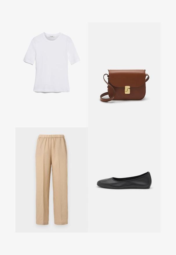 Weißes kurzärmliges T-Shirt aus geripptem Stoff. Runder Halsausschnitt, normale Passform und dezente Nähte. Keine Muster oder Grafiken.; ASPESI PANTALONE - Stoffhose - sabbia/sand; Schwarze Leder-Ballettschuhe mit abgerundeter Spitze, glatter Textur, minimalen Nähdetails und einem flexiblen Sohlen-Design.; Braune Ledertasche mit Klappenverschluss, Beschlägen in Goldfarbe, einem Schultergurt und einer glatten Oberfläche. Kompakte rechteckige Form.