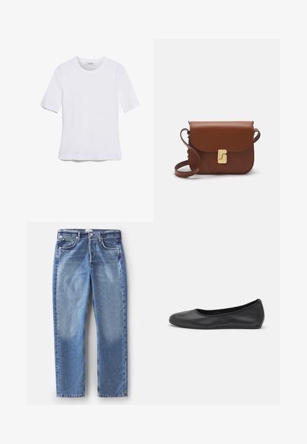 T-shirt de manga curta branca feita de tecido canelado. Decote redondo, ajuste regular e detalhes de costura subtis. Sem padrões ou gráficos.; Jeans de denim azul com corte reto e lavagem desbotada, design de cinco bolsos e fecho frontal com botão. Apresenta detalhes de desgaste sutis e costura.; Bailarina preta em pele com bico arredondado, textura suave, detalhe de costura minimalista e design de sola flexível.; Bolsa de couro castanho com fecho de aba, decoração em tom dourado, alça de ombro e textura suave. Formato retangular compacto.