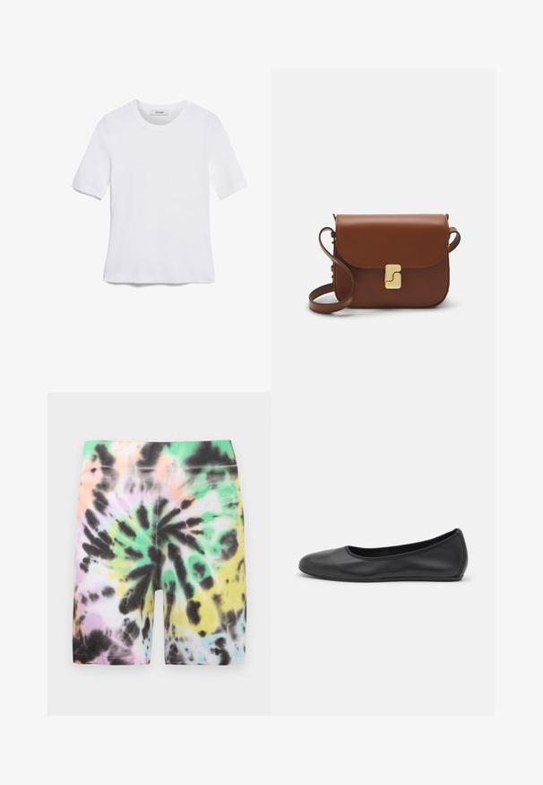 Camiseta de manga corta blanca hecha de tela de canalé. Cuello redondo, corte regular y detalles de costura sutiles. Sin patrones ni gráficos.; Shorts de batik con un patrón combinado de colores pasteles: verde, rosa, negro y amarillo. Hechos de una tela suave y elástica.; Bailarina de piel negra con punta redondeada, textura suave, detalle de costura minimalista y diseño de suela flexible.; Bolso de mano de cuero marrón con cierre de solapa, herrajes en tono dorado, correa para el hombro y una textura suave. Forma rectangular compacta.