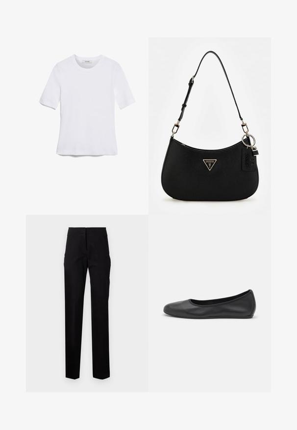 Bílá tričko s krátkým rukávem vyrobené z žebrované tkaniny. Kulatý výstřih, normální střih a jemné detaily šití. Bez vzorů nebo grafik.; Černé kalhoty na míru se střihem rovného nohavice, s plochým předním dílem, poutky na opasek a bočními kapsami. Hladká tkanina s minimem švů.; Černé kožené baletní byty s kulatou špičkou, hladkou texturou, minimálními švy a flexibilním designem podrážky.; Černá syntetická taška přes rameno s zakřivenou siluetou, strukturovaným povrchem, zlatým trojúhelníkovým logem a odnímatelnými kovovými akcenty.