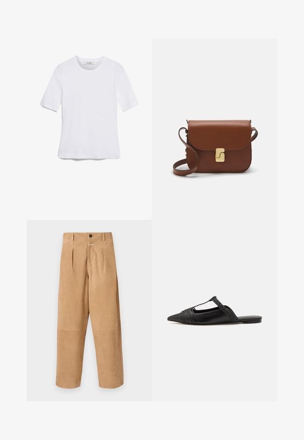 T-shirt de manga curta branca feita de tecido canelado. Decote redondo, ajuste regular e detalhes de costura subtis. Sem padrões ou gráficos.; Calças bege de camurça com um corte descontraído, apresentando pregas frontais, fecho de botão e bolsos laterais. Textura suave em toda a peça.; Sapatilha slingback em couro preto com bico pontudo, apresentando um detalhe trançado e um design superior plissado. Sola plana com hardware mínimo.; Bolsa de couro castanho com fecho de aba, decoração em tom dourado, alça de ombro e textura suave. Formato retangular compacto.