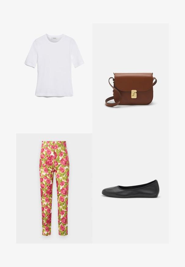 Bela kratka majica s kratkimi rokavi iz rebrastega materiala. Okrogla ovratnica, običajen kroj in subtilni šivi. Brez vzorcev ali grafik.; Cvečne hlače z belim ozadjem, ki imajo velike roza vrtnice in zelene liste. Slim fit zasnova z visokim pasom.; Črne usnjene balerinke z zaobljenim nosom, gladko teksturo, minimalnimi šivi in fleksibilno zasnovo podplata.; Rjava usnjena torbica s poklopcem, zlato obarvani okovi, naramnica in gladka tekstura. Kompaktna pravokotna oblika.