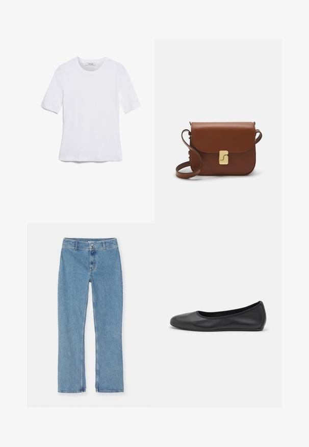 Witte korte mouwen t-shirt van ribstof. Ronde halslijn, normale pasvorm en subtiele stiksels. Geen patronen of grafische elementen.; Lichtblauwe recht gesneden denim jeans met knoop- en ritssluiting, riemlussen en standaard stiksel op een witte achtergrond.; Zwarte leren ballerina met een ronde neus, gladde textuur, minimale stikdetails en een flexibele zoolontwerp.; Bruine leren handtas met een klep sluiting, gouden hardware, een schouderband en een gladde textuur. Compact rechthoekige vorm.