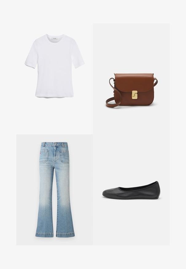 Valge lühikeste varrukatega T-särk ribatud kangast. Ümara kaelusega, tavalisest sobivusest ja peente õmbluse detailidega. Ilma mustrite või graafikateta.; Heledad siniste värvi laiad teksapüksid, millel on pleekinud viimistlus, viis taskut ja nööbiga sulgemine. Valmistatud denimist, millel on nähtavad õmblused.; Musthave mustika tantsutossud mustast nahast, ümmarguse varbaga, siledast tekstuurist, minimaalse õmblusdetailiga ja paindliku tallakujundusega.; Pruunist nahast käekott, millel on klapiga sulgur, kuldne riistvara, õlarihm ja sile tekstuur. Kompaktne ristkülikukujuline vorm.