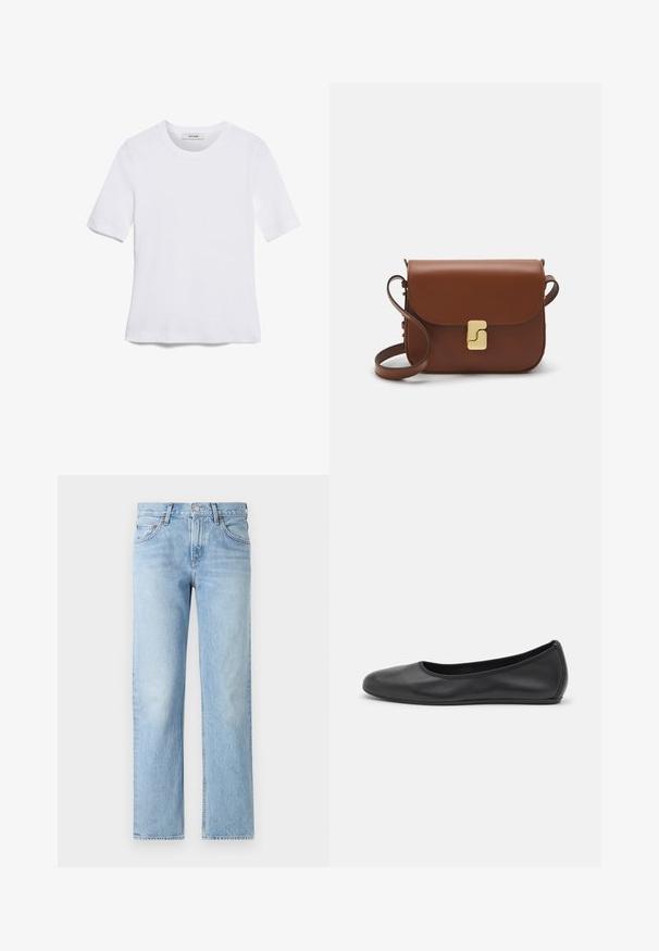 Bílá tričko s krátkým rukávem vyrobené z žebrované tkaniny. Kulatý výstřih, normální střih a jemné detaily šití. Bez vzorů nebo grafik.; Světle modré džíny s rovného střihu, pěti kapsami, zapínáním na knoflík a zip a mírně vybledlým vzhledem.; Černé kožené baletní byty s kulatou špičkou, hladkou texturou, minimálními švy a flexibilním designem podrážky.; Hnědá kožená kabelka s klopou, zlatými kovovými detaily, ramenním popruhem a hladkým povrchem. Kompaktní obdélníkový tvar.