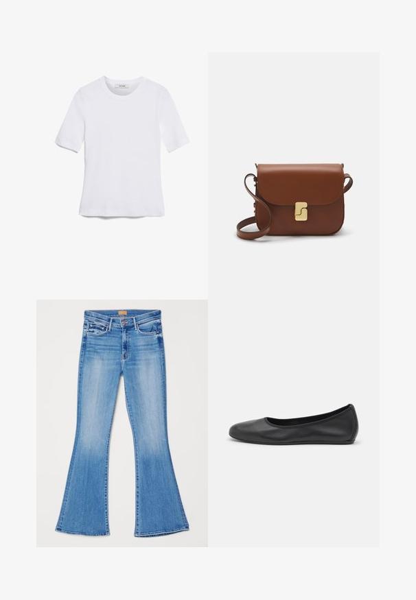 Biela krátka tričko s krátkymi rukávmi vyrobené z rebrovanej látky. Klasický okrúhly výstrih, bežný strih a jemné švy. Bez vzorov alebo grafiky.; Svetlomodré rifľové zvonové nohavice s vysokým pásom, piatimi vreckami a kontrastným šitím. Majú hladkú, jemnú textúru.; Čierne kožené baleríny s okrúhlou špičkou, hladkým povrchom, minimálnym prešívaním a flexibilným dizajnom podrážky.; Hnedá kožená kabelka s klopou, zlatými kovovými prvkami, ramenným popruhom a hladkým povrchom. Kompaktný obdĺžnikový tvar.