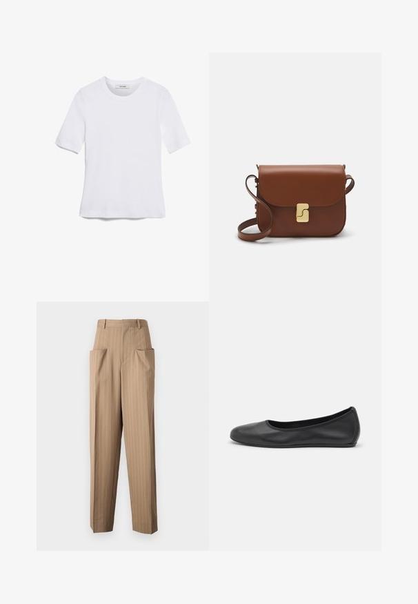 Άσπρο κοντομάνικο μπλουζάκι φτιαγμένο από ριγέ ύφασμα. Στρογγυλή λαιμόκοψη, κανονική εφαρμογή και διακριτές λεπτομέρειες ραφής. Χωρίς σχέδια ή γραφικά.; Καφέ παντελόνι με ρίγες, ψηλή μέση, δύο μεγάλες μπροστινές τσέπες, στενές μπατζάκια και λεία υφή. Ραμμένο σχέδιο για καλή εφαρμογή.; Μαύρο δερμάτινο μπαλαρίνι με στρογγυλή μύτη, λεία υφή, ελάχιστες λεπτομέρειες ραφής και σχεδίαση ευέλικτης σόλας.; Καφέ δερμάτινη τσάντα χειρός με κλείσιμο καπάκι, χρυσές λεπτομέρειες, ιμάντα ώμου και λεία υφή. Συμπαγές ορθογώνιο σχήμα.