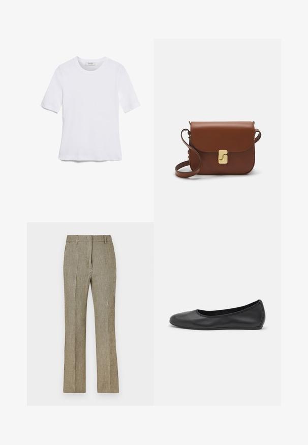Bílá tričko s krátkým rukávem vyrobené z žebrované tkaniny. Kulatý výstřih, normální střih a jemné detaily šití. Bez vzorů nebo grafik.; Beige a černé kostkované kalhoty s rovnými nohavicemi, s poutky na pásek a bočními kapsami, vyrobené z hladké tkaniny.; Černé kožené baletní byty s kulatou špičkou, hladkou texturou, minimálními švy a flexibilním designem podrážky.; Hnědá kožená kabelka s klopou, zlatými kovovými detaily, ramenním popruhem a hladkým povrchem. Kompaktní obdélníkový tvar.