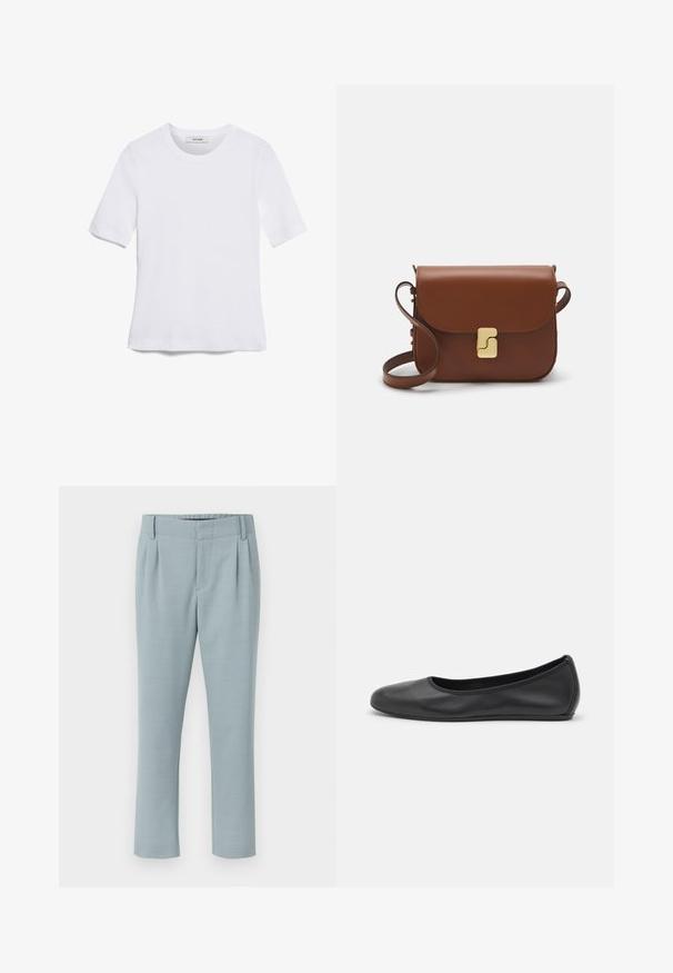 Άσπρο κοντομάνικο μπλουζάκι φτιαγμένο από ριγέ ύφασμα. Στρογγυλή λαιμόκοψη, κανονική εφαρμογή και διακριτές λεπτομέρειες ραφής. Χωρίς σχέδια ή γραφικά.; DRYKORN DISPATCH - Παντελόνι - blue; Μαύρο δερμάτινο μπαλαρίνι με στρογγυλή μύτη, λεία υφή, ελάχιστες λεπτομέρειες ραφής και σχεδίαση ευέλικτης σόλας.; Καφέ δερμάτινη τσάντα χειρός με κλείσιμο καπάκι, χρυσές λεπτομέρειες, ιμάντα ώμου και λεία υφή. Συμπαγές ορθογώνιο σχήμα.