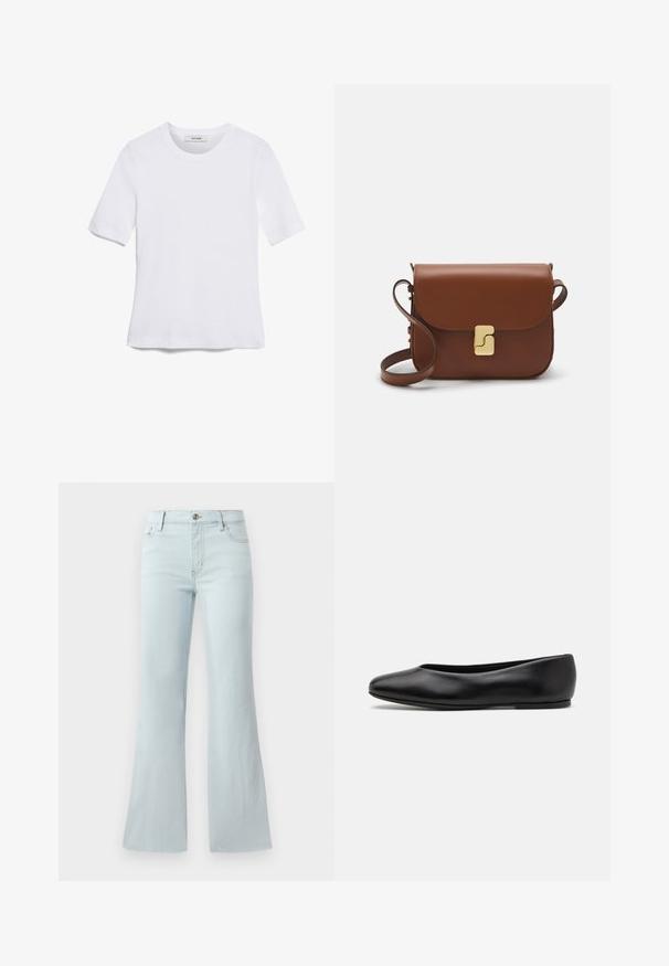 T-shirt blanc à manches courtes en tissu côtelé. Col rond, coupe régulière et détails de couture subtils. Aucune motif ni graphique.; Jean flare bleu clair en denim. Il présente un design classique à cinq poches et une fermeture à bouton à l'avant. Texture lisse sur toute la surface.; Paul Smith TOPANGA - Ballerines - black; Sac à main en cuir marron avec une fermeture à rabat, des accents en métal doré, une bandoulière et une texture lisse. Forme rectangulaire compacte.