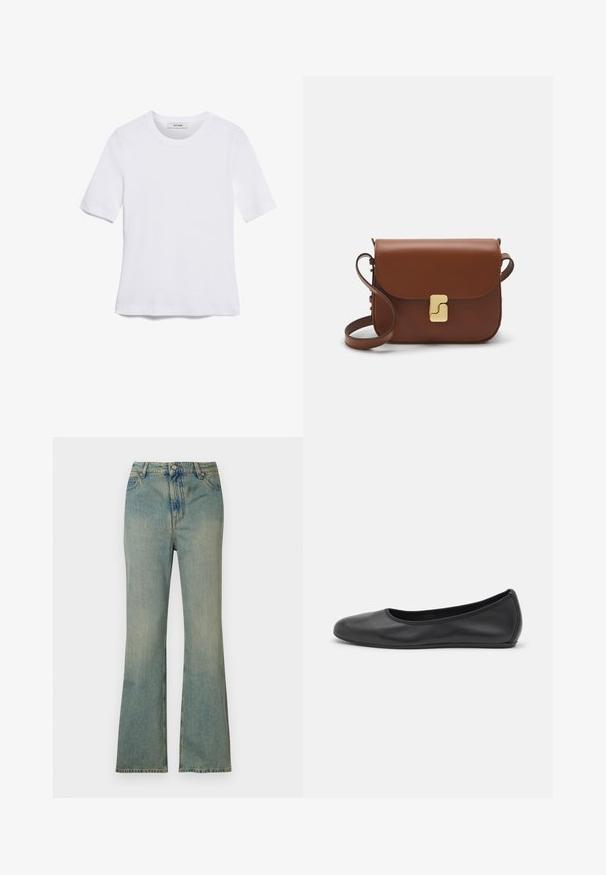 T-shirt de manga curta branca feita de tecido canelado. Decote redondo, ajuste regular e detalhes de costura subtis. Sem padrões ou gráficos.; Jeans flare de denim azul claro com cintura alta, cinco bolsos e fecho de zipper. Acabamento limpo e desbotado com detalhes de costura subtil.; Bailarina preta em pele com bico arredondado, textura suave, detalhe de costura minimalista e design de sola flexível.; Bolsa de couro castanho com fecho de aba, decoração em tom dourado, alça de ombro e textura suave. Formato retangular compacto.