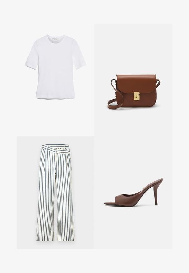 Witte korte mouwen t-shirt van ribstof. Ronde halslijn, normale pasvorm en subtiele stiksels. Geen patronen of grafische elementen.; Gestreepte wijde broek in crème en marineblauw, met een geplooide ontwerp en een unieke schuine tailleband. Gemaakt van een lichtgewicht stof.; Bruine leren open-teen hoge hak muiltjes met een slank ontwerp, voorzien van een brede voorkruistrap en een slanke stiletto hiel.; Bruine leren handtas met een klep sluiting, gouden hardware, een schouderband en een gladde textuur. Compact rechthoekige vorm.