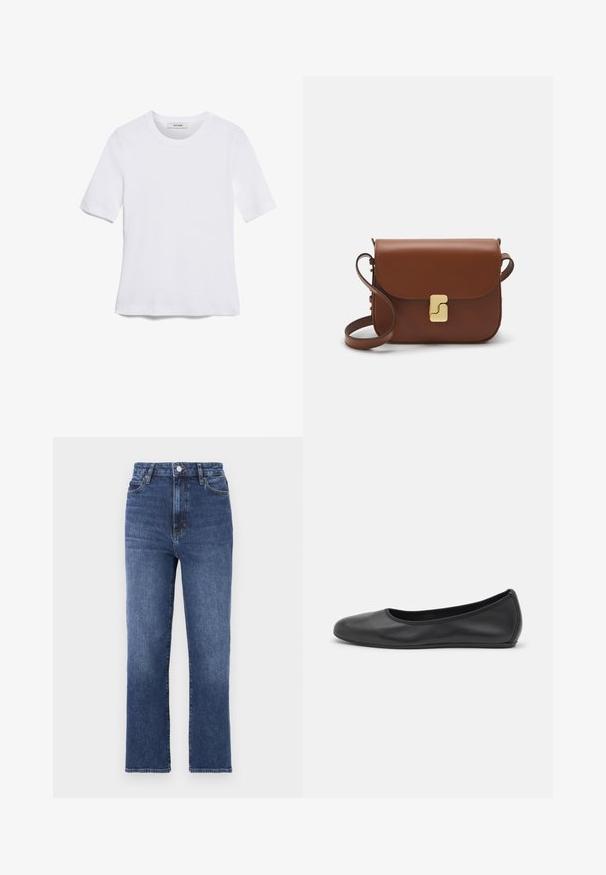 Balta īsām piedurknēm T-krekls, izgatavots no ribota auduma. Apaļš izgriezums, regulāra piegriezuma un diskrēti šuvumu detaļas. Bez printiem vai grafikām.; Zila taisna piegriezuma džinsi, izgatavoti no denima, ar augstu jostasvietu, piecu kabatu dizainu un metāla pogu aizdari jostasvietā.; Melna ādas baleta kurpe ar noapaļotu purngalu, gludu tekstūru, minimālu šuvju detalizāciju un elastīgu zoles dizainu.; Bordo ādas rokas soma ar atloku, zeltītām detaļām, plecu siksnu un gludu virsmu. Kompakta, taisnstūrveida forma.