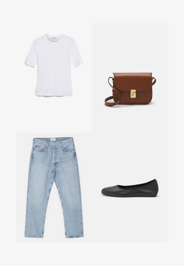 Bijela majica s kratkim rukavima izrađena od rebraste tkanine. Okrugli izrez, klasičan kroj i suptilni detalji šivanja. Bez uzoraka ili grafika.; Svijetloplave traperice s klasičnim ravnim krojem, pet džepova i prednjim gumbom, s blagim izblijeđenjem i čvrstom teksturom.; Crne kožne baletanke s zaobljenim vrhom, glatke teksture, minimalnim detaljima šavova i fleksibilnim dizajnom potplata.; Smeđa kožna torba s preklopom, zlatnim detaljima, remenom za nošenje preko ramena i glatkom teksturom. Kompaktni pravokutni oblik.