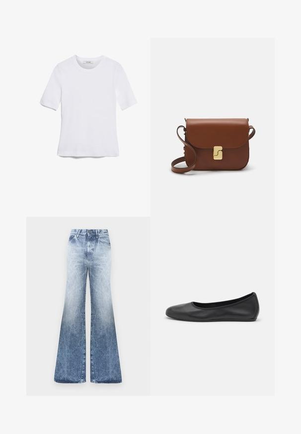 Bela kratka majica s kratkimi rokavi iz rebrastega materiala. Okrogla ovratnica, običajen kroj in subtilni šivi. Brez vzorcev ali grafik.; Blagodne modre flare kavbojke z visokim pasom, ki imajo gumbasto zapiranje, pet žepov in efekt obrabljenosti.; Črne usnjene balerinke z zaobljenim nosom, gladko teksturo, minimalnimi šivi in fleksibilno zasnovo podplata.; Rjava usnjena torbica s poklopcem, zlato obarvani okovi, naramnica in gladka tekstura. Kompaktna pravokotna oblika.