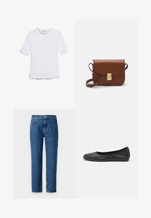 T-shirt de manga curta branca feita de tecido canelado. Decote redondo, ajuste regular e detalhes de costura subtis. Sem padrões ou gráficos.; Jeans de ganga azul com corte reto, apresentando um fecho de botão, passantes para cinto e bolsos frontais. Feitos de tecido de algodão texturizado.; Bailarina preta em pele com bico arredondado, textura suave, detalhe de costura minimalista e design de sola flexível.; Bolsa de couro castanho com fecho de aba, decoração em tom dourado, alça de ombro e textura suave. Formato retangular compacto.