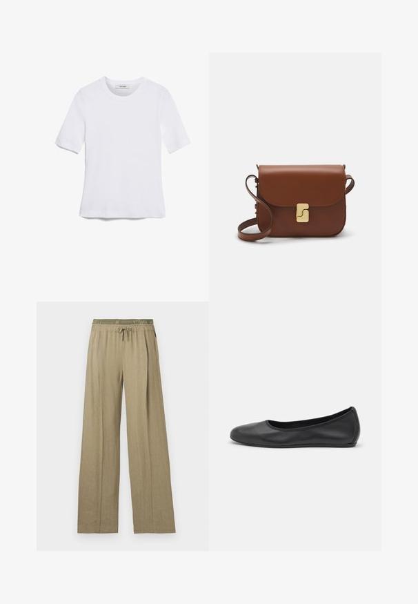 Bela kratka majica s kratkimi rokavi iz rebrastega materiala. Okrogla ovratnica, običajen kroj in subtilni šivi. Brez vzorcev ali grafik.; Široke hlače v svetlo olivno zeleni barvi. Narejene so iz mehkega, teksturiranega materiala z elastičnim pasom in zavezovanjem.; Črne usnjene balerinke z zaobljenim nosom, gladko teksturo, minimalnimi šivi in fleksibilno zasnovo podplata.; Rjava usnjena torbica s poklopcem, zlato obarvani okovi, naramnica in gladka tekstura. Kompaktna pravokotna oblika.