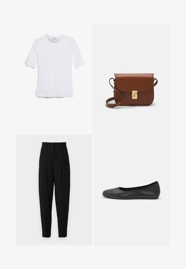 Weißes kurzärmliges T-Shirt aus geripptem Stoff. Runder Halsausschnitt, normale Passform und dezente Nähte. Keine Muster oder Grafiken.; Vanessa Bruno DAVID - Stoffhose - noir; Schwarze Leder-Ballettschuhe mit abgerundeter Spitze, glatter Textur, minimalen Nähdetails und einem flexiblen Sohlen-Design.; Braune Ledertasche mit Klappenverschluss, Beschlägen in Goldfarbe, einem Schultergurt und einer glatten Oberfläche. Kompakte rechteckige Form.