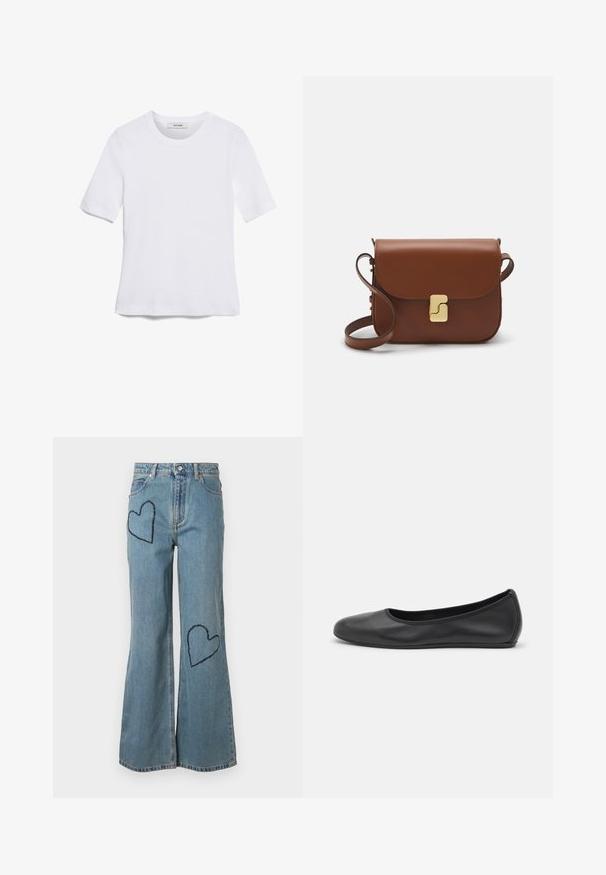 Valkoinen lyhythihainen t-paita, joka on valmistettu ribbytedusta kankaasta. Pyöreä pääntiie, normaali istuvuus ja hienovaraiset ompeluyksityiskohdat. Ei kuvioita tai grafiikkaa.; Vaaleansiniset farkut, joissa on liehuvat lahkeet ja edessä kaksi tummansinisestä sydänpatchia. Klassinen viiden taskun muotoilu nappikiinnityksellä.; Musta nahkainen ballerina, jossa on pyöristetty kärki, sileä pinta, minimaalinen ommelkoristelu ja joustava pohjamuotoilu.; Ruskea nahkainen käsilaukku, jossa on läppäkiinnitys, kultasävyiset yksityiskohdat, olkahihna ja sileä pinta. Kompaktin suorakaiteen muotoinen.
