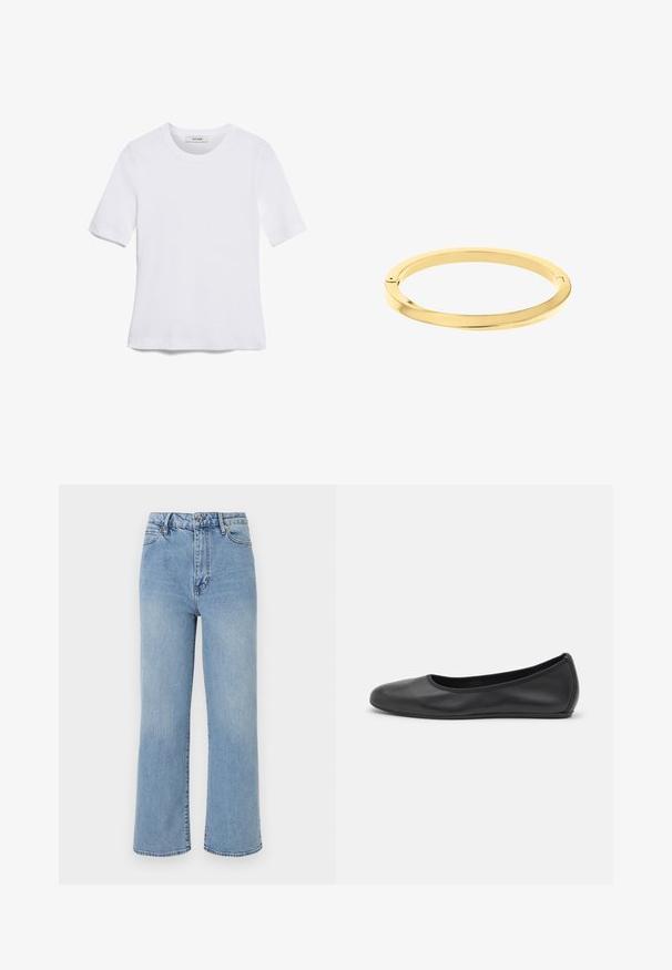 T-shirt blanc à manches courtes en tissu côtelé. Col rond, coupe régulière et détails de couture subtils. Aucune motif ni graphique.; Jean large en denim bleu clair avec une taille haute, un design à cinq poches et des coutures contrastées sur les bords.; Ballerines en cuir noir avec un bout rond, texture lisse, détails de couture minimalistes et design de semelle flexible.; Bracelet en or mince et poli, de forme ronde et lisse, avec un branding subtil. Possède un design sans couture et une esthétique minimaliste.