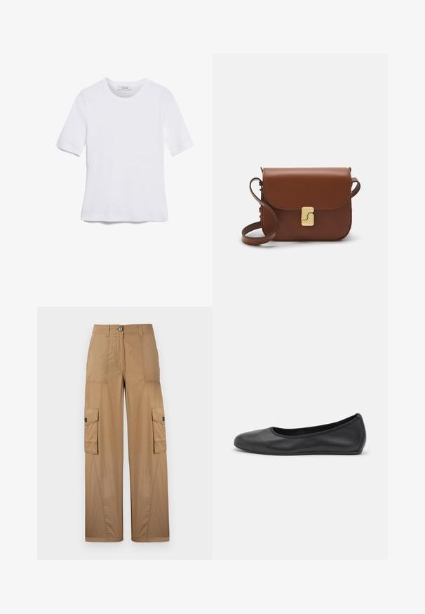 Vit kortärmad t-shirt i ribbat tyg. Rund halsringning, normal passform och diskreta sömdetaljer. Inga mönster eller tryck.; Kaki cargo byxor med vida ben, har två sidfickor, knäppning med knapp och en slät, hållbar tygtextur.; Svart läderballerinaskor med rund tå, slät yta, minimala söm detaljer och en flexibel sula.; Brun läderhandväska med klaffstängning, guldfärgad hårdvara, axelrem och en slät yta. Kompakt rektangulär form.