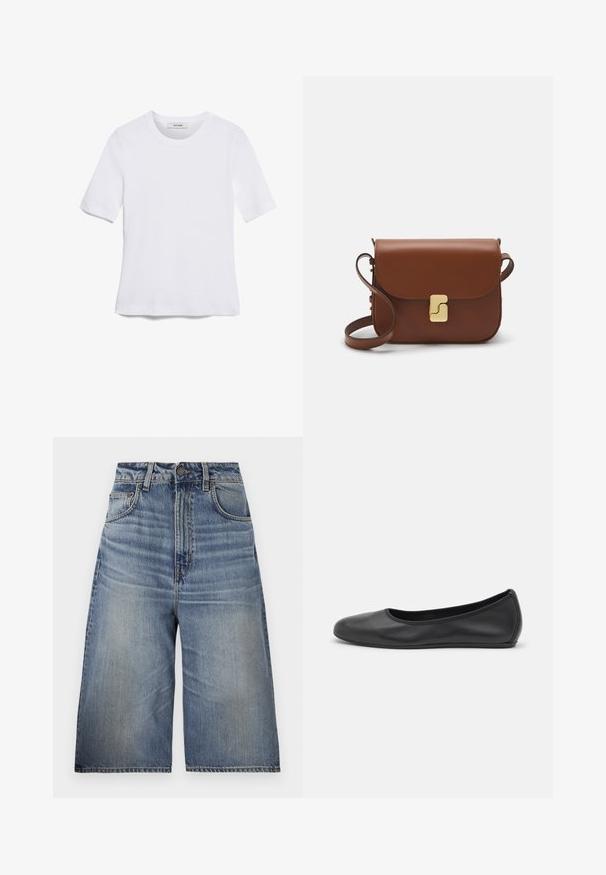 White short-sleeve t-shirt made of ribbed fabric. Round neckline, regular fit, and subtle stitching details. No patterns or graphics.; Blue denim culottes with a high waist, relaxed fit, light blue wash, front pockets, visible stitching, and button closure at the waist.; Black leather ballet flat with a rounded toe, smooth texture, minimal stitching detail, and a flexible sole design.; Brown leather handbag with a flap closure, gold-tone hardware, a shoulder strap, and a smooth texture. Compact rectangular shape.