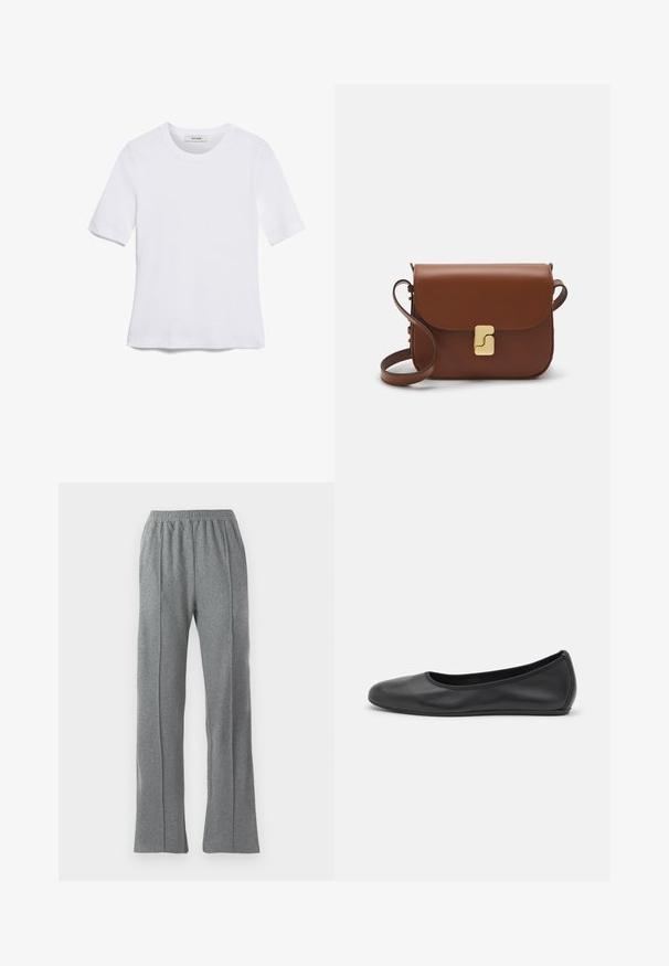 Valkoinen lyhythihainen t-paita, joka on valmistettu ribbytedusta kankaasta. Pyöreä pääntiie, normaali istuvuus ja hienovaraiset ompeluyksityiskohdat. Ei kuvioita tai grafiikkaa.; Harmaat verkkarit, joissa on joustava vyötärönauha, suoran lahkeen leikkaus ja hienovaraiset sivusaumadetaljit. Valmistettu pehmeästä, teksturoidusta kankaasta.; Musta nahkainen ballerina, jossa on pyöristetty kärki, sileä pinta, minimaalinen ommelkoristelu ja joustava pohjamuotoilu.; Ruskea nahkainen käsilaukku, jossa on läppäkiinnitys, kultasävyiset yksityiskohdat, olkahihna ja sileä pinta. Kompaktin suorakaiteen muotoinen.