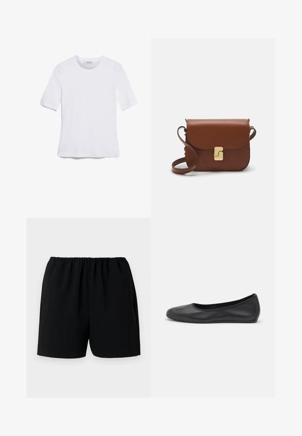 Biela krátka tričko s krátkymi rukávmi vyrobené z rebrovanej látky. Klasický okrúhly výstrih, bežný strih a jemné švy. Bez vzorov alebo grafiky.; Čierne kraťasy s elastickým pásom, vyrobené z ľahkého materiálu. Majú jednoduchý dizajn s rovnými nohavicami a bez viditeľných vzorov.; Čierne kožené baleríny s okrúhlou špičkou, hladkým povrchom, minimálnym prešívaním a flexibilným dizajnom podrážky.; Hnedá kožená kabelka s klopou, zlatými kovovými prvkami, ramenným popruhom a hladkým povrchom. Kompaktný obdĺžnikový tvar.