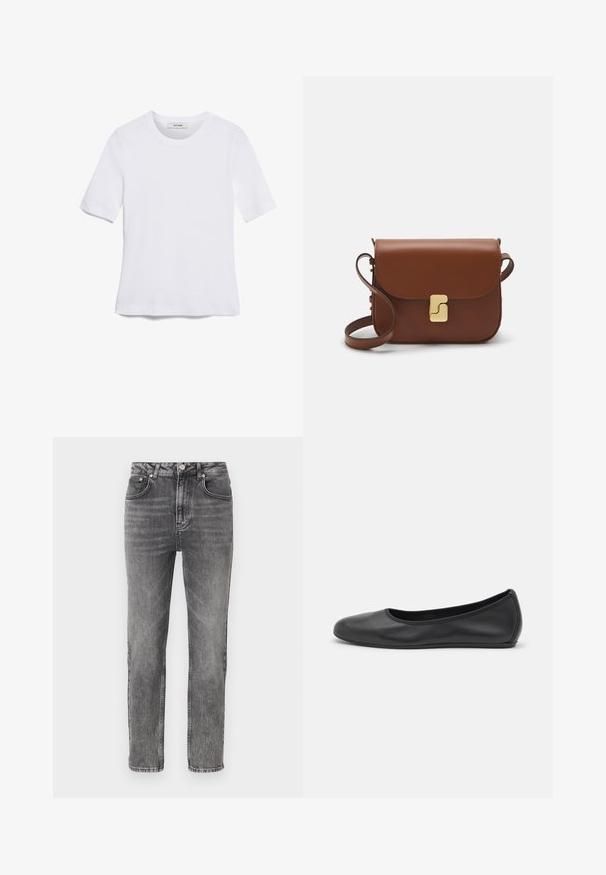 Άσπρο κοντομάνικο μπλουζάκι φτιαγμένο από ριγέ ύφασμα. Στρογγυλή λαιμόκοψη, κανονική εφαρμογή και διακριτές λεπτομέρειες ραφής. Χωρίς σχέδια ή γραφικά.; Γκρι τζιν παντελόνι με ίσια γραμμή, με ξεθωριασμένο σχέδιο, πέντε τσέπες και ασημί μεταλλικά στοιχεία στη μέση και τις τσέπες.; Μαύρο δερμάτινο μπαλαρίνι με στρογγυλή μύτη, λεία υφή, ελάχιστες λεπτομέρειες ραφής και σχεδίαση ευέλικτης σόλας.; Καφέ δερμάτινη τσάντα χειρός με κλείσιμο καπάκι, χρυσές λεπτομέρειες, ιμάντα ώμου και λεία υφή. Συμπαγές ορθογώνιο σχήμα.
