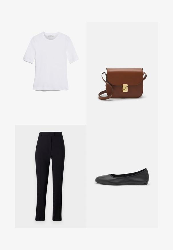 Biela krátka tričko s krátkymi rukávmi vyrobené z rebrovanej látky. Klasický okrúhly výstrih, bežný strih a jemné švy. Bez vzorov alebo grafiky.; Čierne elegantné nohavice s rovnými nohavicami, hladkou textúrou a bez viditeľných vzorov alebo ozdôb.; Čierne kožené baleríny s okrúhlou špičkou, hladkým povrchom, minimálnym prešívaním a flexibilným dizajnom podrážky.; Hnedá kožená kabelka s klopou, zlatými kovovými prvkami, ramenným popruhom a hladkým povrchom. Kompaktný obdĺžnikový tvar.