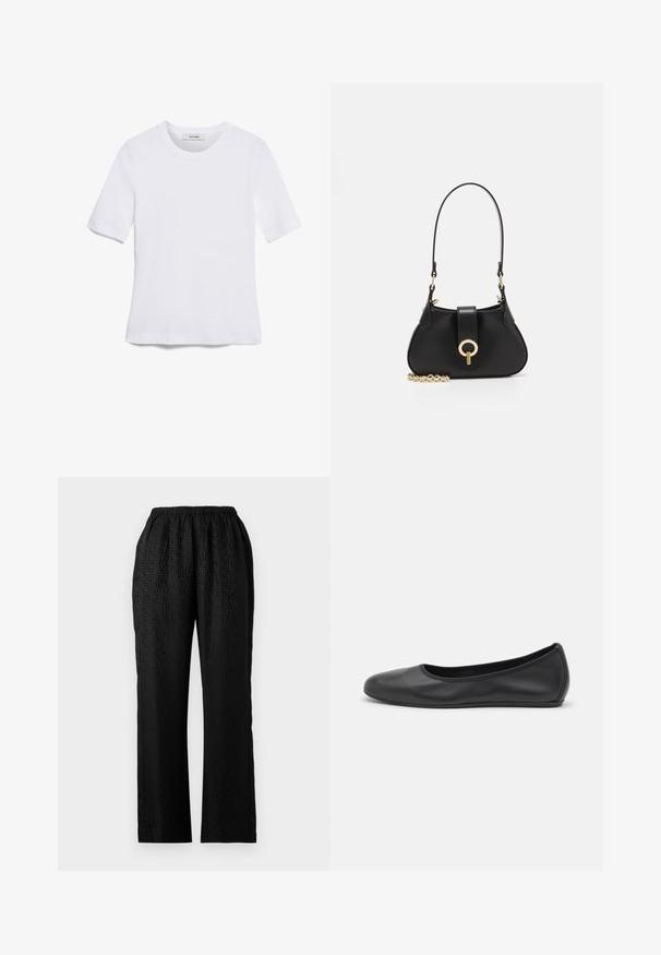 White short-sleeve t-shirt made of ribbed fabric. Round neckline, regular fit, and subtle stitching details. No patterns or graphics.; Black, elastic-waist pants with a textured design featuring a subtle pattern, straight leg shape, and a lightweight fabric.; Black leather ballet flat with a rounded toe, smooth texture, minimal stitching detail, and a flexible sole design.; sandro JANET - Handbag - noir