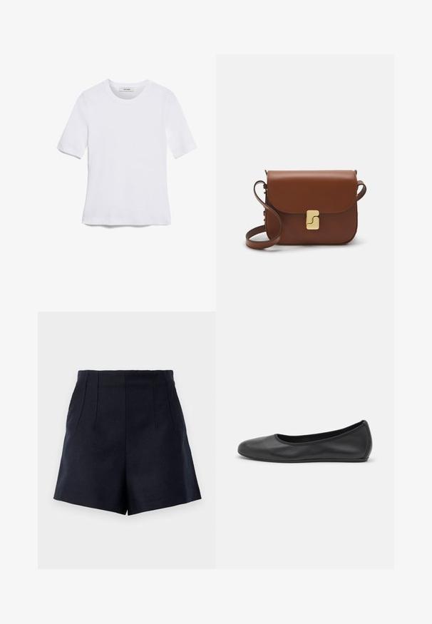 Bílá tričko s krátkým rukávem vyrobené z žebrované tkaniny. Kulatý výstřih, normální střih a jemné detaily šití. Bez vzorů nebo grafik.; Námořnické šortky s upraveným designem, které mají dva přední sklady, hladkou texturu a rovný střih do délky stehna.; Černé kožené baletní byty s kulatou špičkou, hladkou texturou, minimálními švy a flexibilním designem podrážky.; Hnědá kožená kabelka s klopou, zlatými kovovými detaily, ramenním popruhem a hladkým povrchem. Kompaktní obdélníkový tvar.
