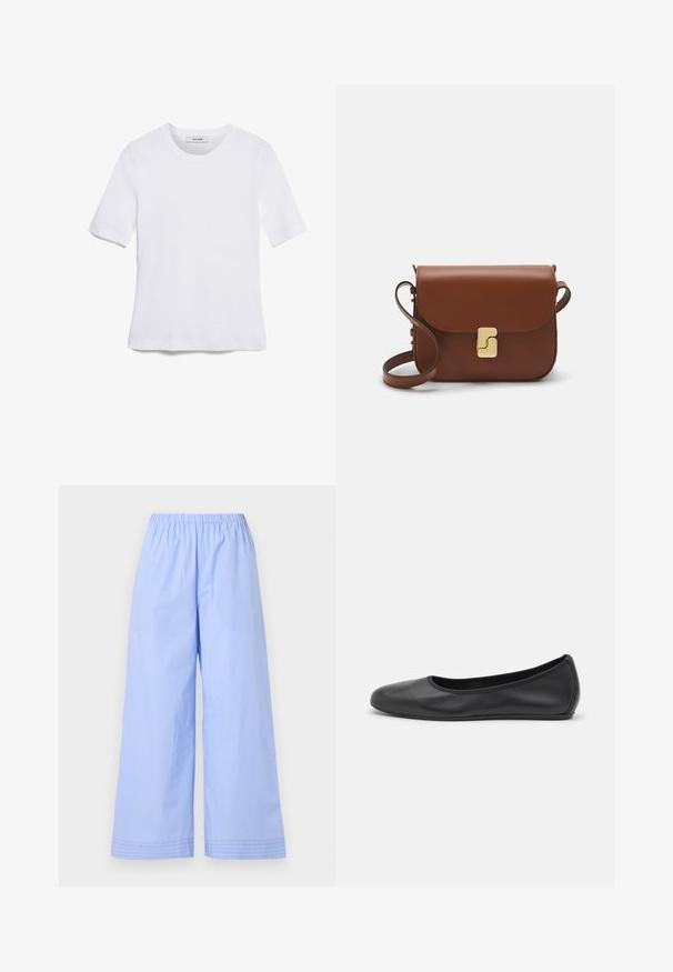 Balta īsām piedurknēm T-krekls, izgatavots no ribota auduma. Apaļš izgriezums, regulāra piegriezuma un diskrēti šuvumu detaļas. Bez printiem vai grafikām.; By Malene Birger MIRABELLO - Auduma bikses - blue iris; Melna ādas baleta kurpe ar noapaļotu purngalu, gludu tekstūru, minimālu šuvju detalizāciju un elastīgu zoles dizainu.; Bordo ādas rokas soma ar atloku, zeltītām detaļām, plecu siksnu un gludu virsmu. Kompakta, taisnstūrveida forma.