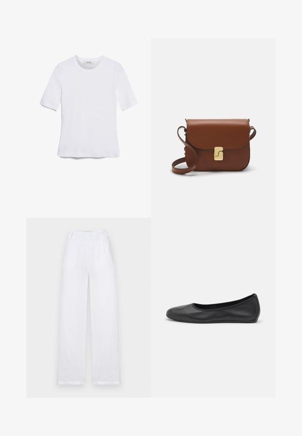 Valkoinen lyhythihainen t-paita, joka on valmistettu ribbytedusta kankaasta. Pyöreä pääntiie, normaali istuvuus ja hienovaraiset ompeluyksityiskohdat. Ei kuvioita tai grafiikkaa.; Valkeat pellavahousut, joissa on leveät lahkeet, elastinen vyötärö, kaksi sivutaskua ja suora siluetti käännetyillä lahkeilla.; Musta nahkainen ballerina, jossa on pyöristetty kärki, sileä pinta, minimaalinen ommelkoristelu ja joustava pohjamuotoilu.; Ruskea nahkainen käsilaukku, jossa on läppäkiinnitys, kultasävyiset yksityiskohdat, olkahihna ja sileä pinta. Kompaktin suorakaiteen muotoinen.