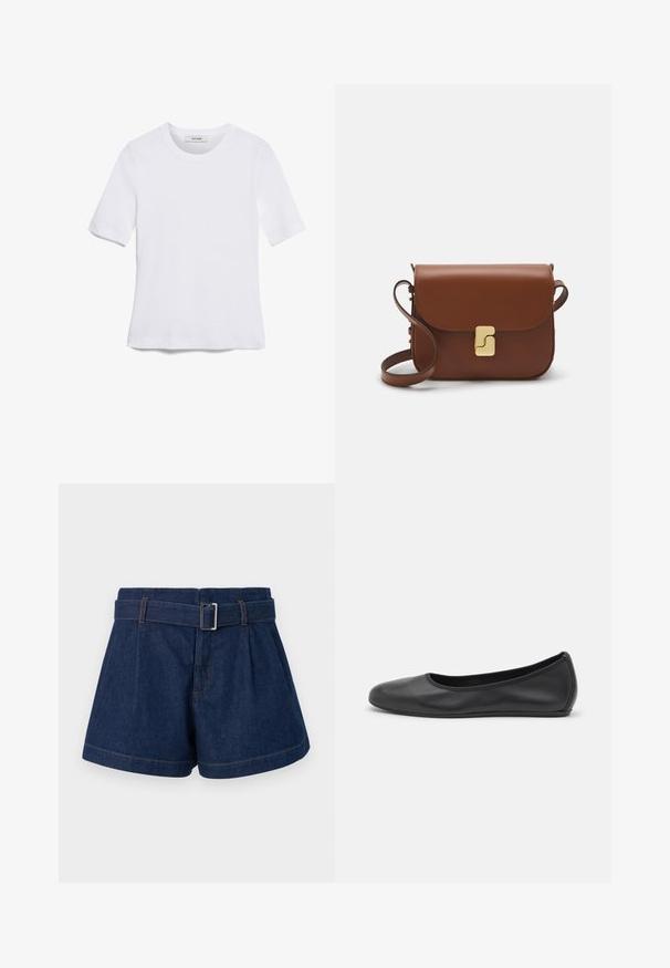 Camiseta de manga corta blanca hecha de tela de canalé. Cuello redondo, corte regular y detalles de costura sutiles. Sin patrones ni gráficos.; Shorts de denim azul oscuro con un diseño de pliegues anchos, un cinturón con hebilla de metal y detalles de costura naranja visibles.; Bailarina de piel negra con punta redondeada, textura suave, detalle de costura minimalista y diseño de suela flexible.; Bolso de mano de cuero marrón con cierre de solapa, herrajes en tono dorado, correa para el hombro y una textura suave. Forma rectangular compacta.