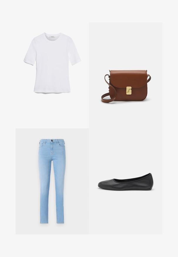 Fehér, rövid ujjú póló ribbed anyagból. Kerek nyakkivágás, normál szabás és diszkrét varrási részletek. Nincsenek minták vagy grafikák.; Világoskék farmernadrág Slim fit szabásban, öt zsebes dizájnnal és gombos záródással. Simaság jellemzi, klasszikus egyenes szárak.; Fekete bőr balettcipő lekerekített orral, sima tekstúrával, minimális varrással és rugalmas talp kialakítással.; Barna bőr kézitáska, hajtókás zárással, arany színű fém kiegészítőkkel, vállpánttal és sima felülettel. Kompakt téglalap alakú.