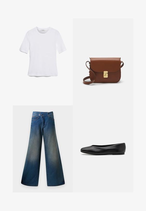 T-shirt bianca a maniche corte realizzata in tessuto a costine. Collo rotondo, vestibilità regolare e dettagli di cucitura sottili. Senza motivi o grafiche.; Jeans blu a gamba larga realizzati in denim, con una finitura leggermente sbiadita, cuciture visibili, due tasche anteriori e chiusura con bottone.; Paul Smith TOPANGA - Ballerine - black; Borsa a tracolla in pelle marrone con chiusura a pattina, hardware color oro, tracolla e una finitura liscia. Forma rettangolare compatta.