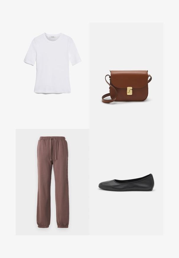 Fehér, rövid ujjú póló ribbed anyagból. Kerek nyakkivágás, normál szabás és diszkrét varrási részletek. Nincsenek minták vagy grafikák.; Sötét mályva színű, puha pamut keverékből készült jogger nadrág. Jellemzője a rugalmas derékpánt zsinórral és a rugalmas mandzsetták a bokáknál.; Fekete bőr balettcipő lekerekített orral, sima tekstúrával, minimális varrással és rugalmas talp kialakítással.; Barna bőr kézitáska, hajtókás zárással, arany színű fém kiegészítőkkel, vállpánttal és sima felülettel. Kompakt téglalap alakú.