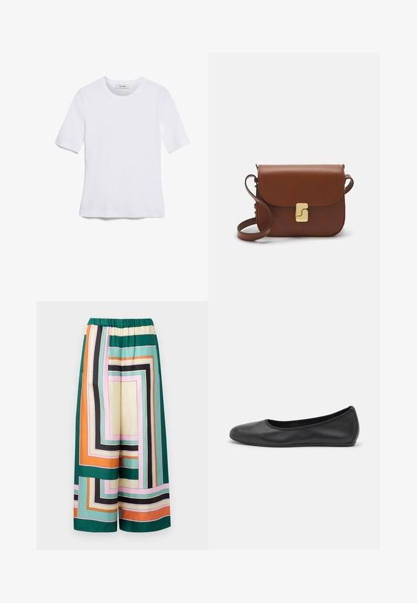T-shirt bianca a maniche corte realizzata in tessuto a costine. Collo rotondo, vestibilità regolare e dettagli di cucitura sottili. Senza motivi o grafiche.; Pantaloni ampi in misto seta con un motivo geometrico colorato con strisce verdi, arancioni, rosa e nere. Vita elastica.; Pantofole da balletto nere in pelle con punta arrotondata, texture liscia, dettagli di cucitura minimi e design con suola flessibile.; Borsa a tracolla in pelle marrone con chiusura a pattina, hardware color oro, tracolla e una finitura liscia. Forma rettangolare compatta.