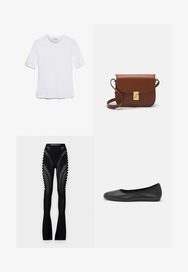 White short-sleeve t-shirt made of ribbed fabric. Round neckline, regular fit, and subtle stitching details. No patterns or graphics.; MISBHV BIANCA SEAMLESS TROUSERS - Trousers - black; Black leather ballet flat with a rounded toe, smooth texture, minimal stitching detail, and a flexible sole design.; Brown leather handbag with a flap closure, gold-tone hardware, a shoulder strap, and a smooth texture. Compact rectangular shape.