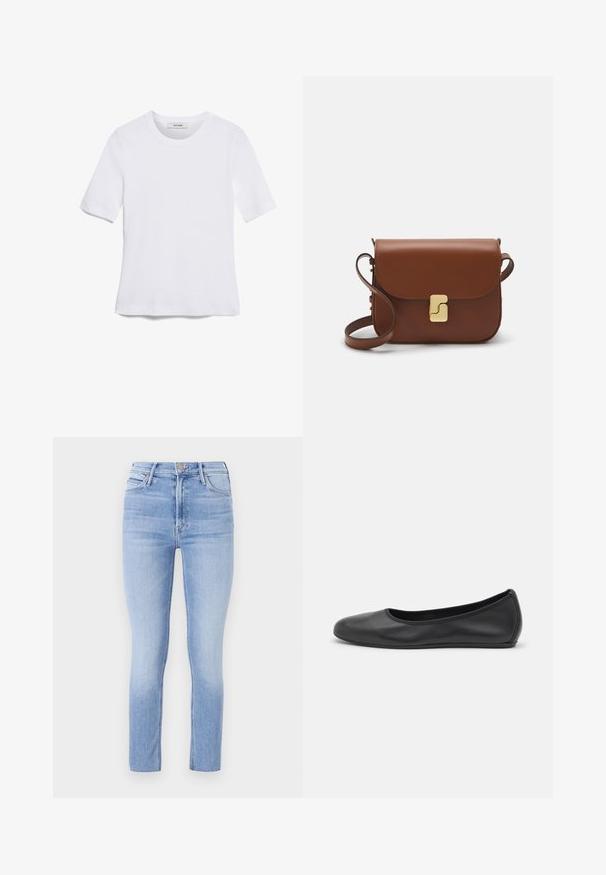 Valge lühikeste varrukatega T-särk ribatud kangast. Ümara kaelusega, tavalisest sobivusest ja peente õmbluse detailidega. Ilma mustrite või graafikateta.; Heledad sinine teksapüksid, millel on kõrge vöökoht, viie tasku disain ning peened pleekimise detailid ees ja taga.; Musthave mustika tantsutossud mustast nahast, ümmarguse varbaga, siledast tekstuurist, minimaalse õmblusdetailiga ja paindliku tallakujundusega.; Pruunist nahast käekott, millel on klapiga sulgur, kuldne riistvara, õlarihm ja sile tekstuur. Kompaktne ristkülikukujuline vorm.