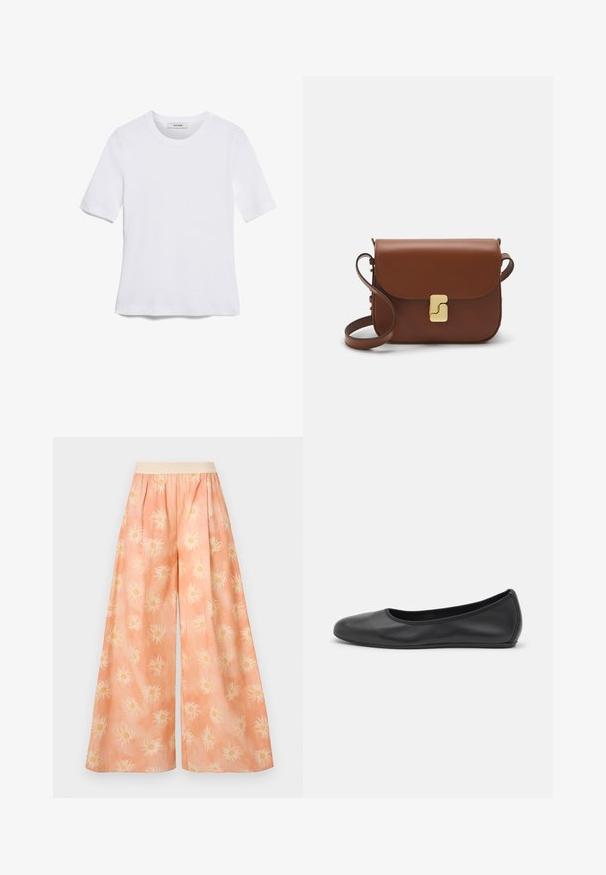 White short-sleeve t-shirt made of ribbed fabric. Round neckline, regular fit, and subtle stitching details. No patterns or graphics.; Wide-legged trousers in light peach fabric featuring a sun pattern in white with yellow centers, an elastic waistband, and a soft texture.; Black leather ballet flat with a rounded toe, smooth texture, minimal stitching detail, and a flexible sole design.; Brown leather handbag with a flap closure, gold-tone hardware, a shoulder strap, and a smooth texture. Compact rectangular shape.