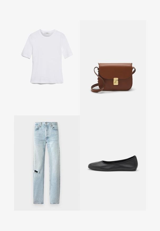 White short-sleeve t-shirt made of ribbed fabric. Round neckline, regular fit, and subtle stitching details. No patterns or graphics.; Light blue denim jeans with a straight cut, featuring a large rip on the left knee and classic five-pocket design.; Black leather ballet flat with a rounded toe, smooth texture, minimal stitching detail, and a flexible sole design.; Brown leather handbag with a flap closure, gold-tone hardware, a shoulder strap, and a smooth texture. Compact rectangular shape.