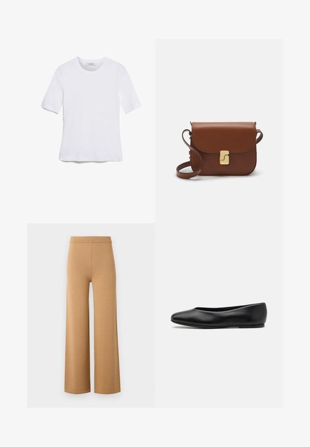 Witte korte mouwen t-shirt van ribstof. Ronde halslijn, normale pasvorm en subtiele stiksels. Geen patronen of grafische elementen.; Brede, beige broek gemaakt van een zachte, rekbare stof, met een hoge elastische tailleband en strakke, eenvoudige naden.; Paul Smith TOPANGA - Ballerina's - black; Bruine leren handtas met een klep sluiting, gouden hardware, een schouderband en een gladde textuur. Compact rechthoekige vorm.