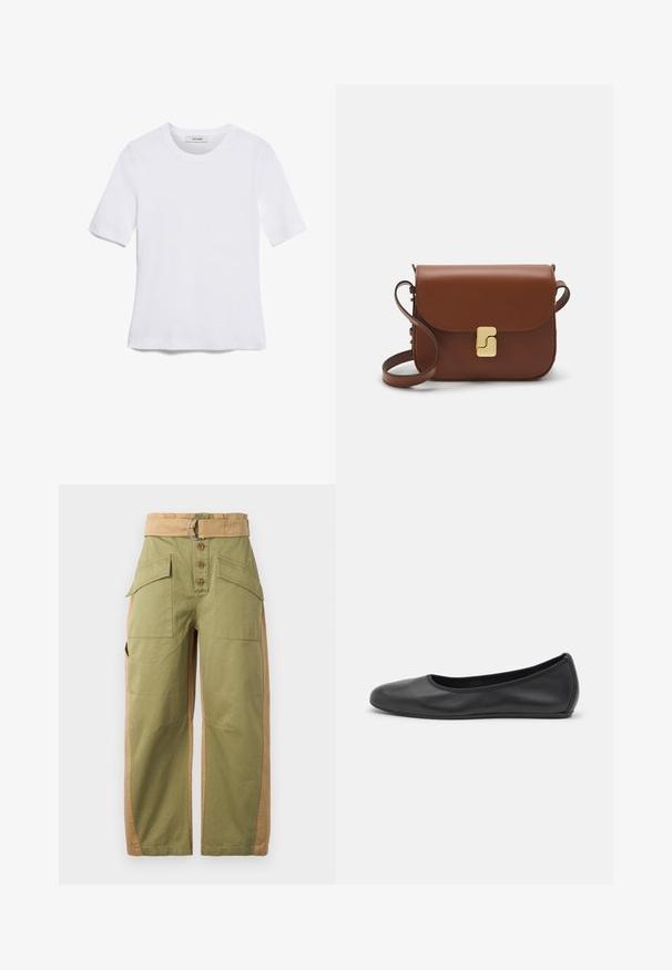 Bijela majica s kratkim rukavima izrađena od rebraste tkanine. Okrugli izrez, klasičan kroj i suptilni detalji šivanja. Bez uzoraka ili grafika.; Zelene i bež cargo hlače s širokim krojem, višestrukim džepovima, dugmetom za zatvaranje i pojasom s metalnim prstenom kao ukrasom.; Crne kožne baletanke s zaobljenim vrhom, glatke teksture, minimalnim detaljima šavova i fleksibilnim dizajnom potplata.; Smeđa kožna torba s preklopom, zlatnim detaljima, remenom za nošenje preko ramena i glatkom teksturom. Kompaktni pravokutni oblik.