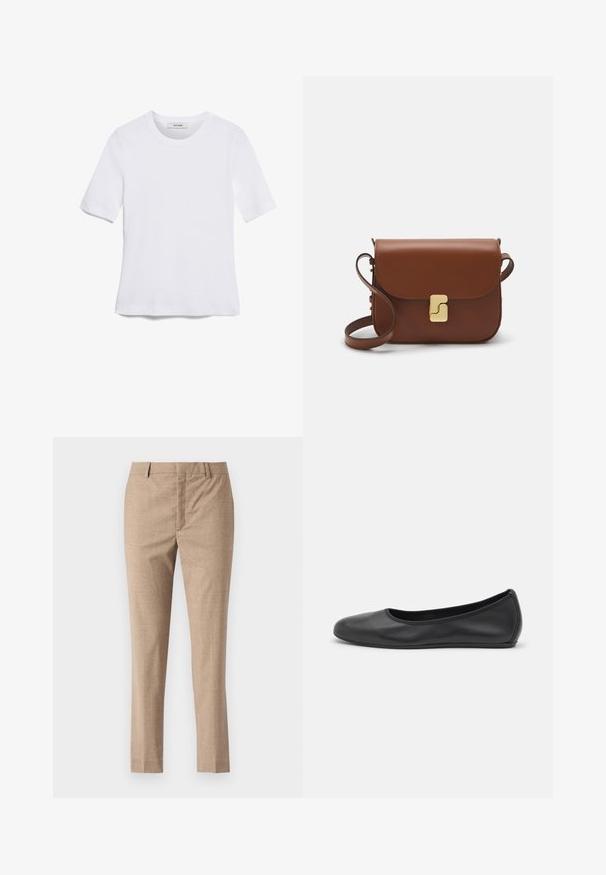 White short-sleeve t-shirt made of ribbed fabric. Round neckline, regular fit, and subtle stitching details. No patterns or graphics.; Beige tailored pants with a smooth texture, straight legs, and a zipper fly. Features front pockets and a subtle herringbone pattern.; Black leather ballet flat with a rounded toe, smooth texture, minimal stitching detail, and a flexible sole design.; Brown leather handbag with a flap closure, gold-tone hardware, a shoulder strap, and a smooth texture. Compact rectangular shape.